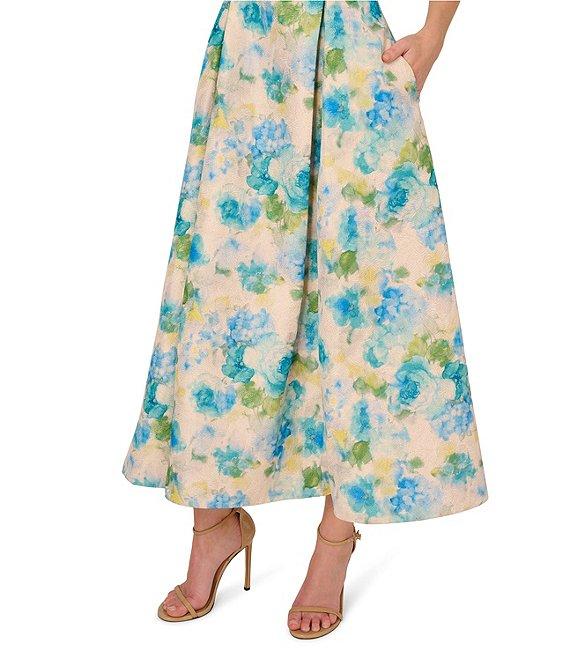 Adrianna Papell Jacquard Floral Print Halter Neck Sleeveless Rosette A-Line Midi Dress Product Image