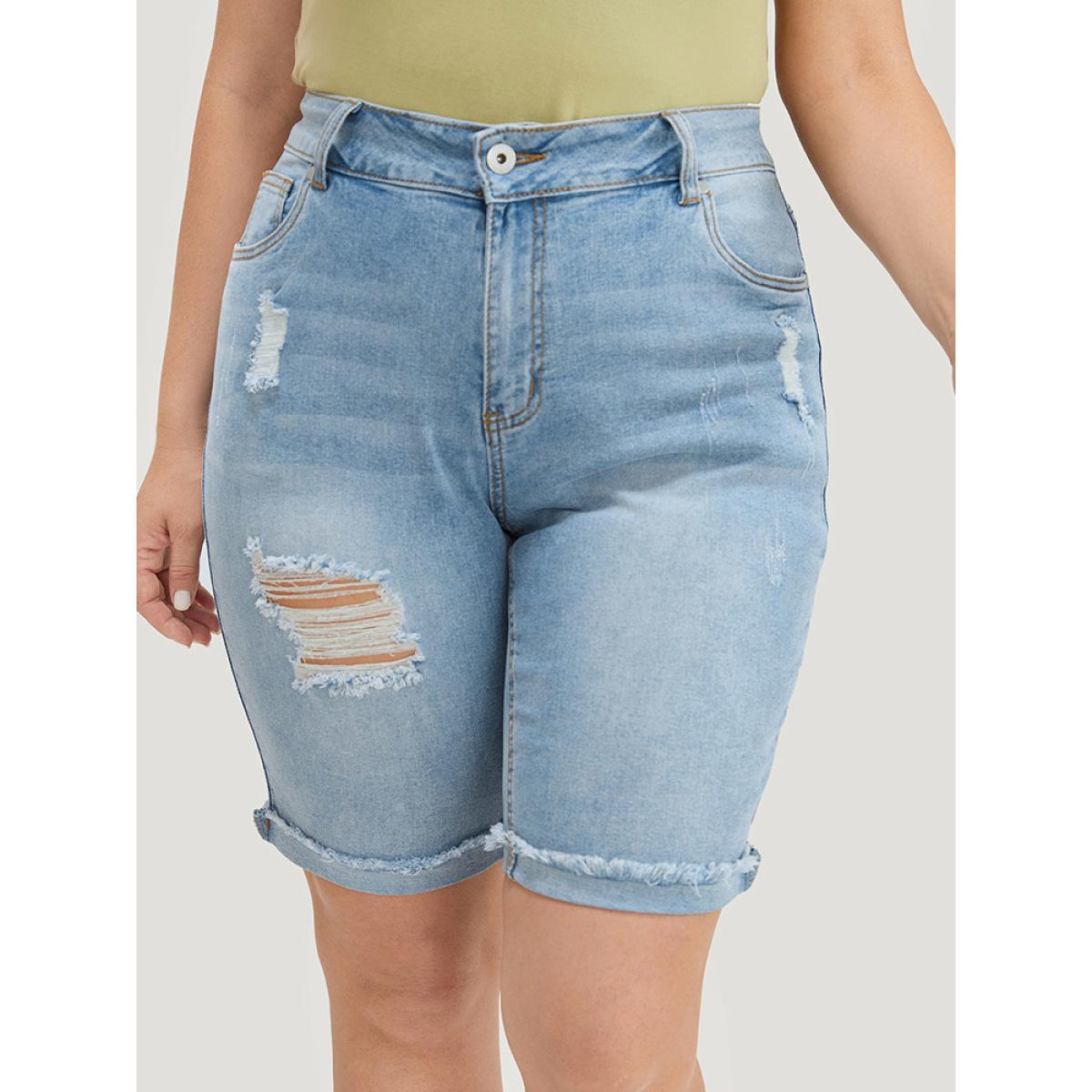 Plus Size Moderately Stretchy High Rise Light Wash Distressed Denim Shorts Women LightBlue Casual Plain Medium stretch Pocket Jeans BloomChic 14/1X Product Image