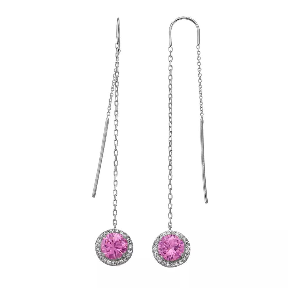 Rosabella Sterling Silver Pink Cubic Zirconia Halo Threader Earrings, Women's Product Image
