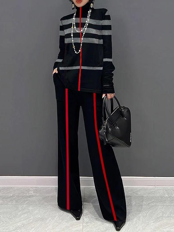 Long Sleeves Loose Striped High Neck T-Shirts Tops Product Image