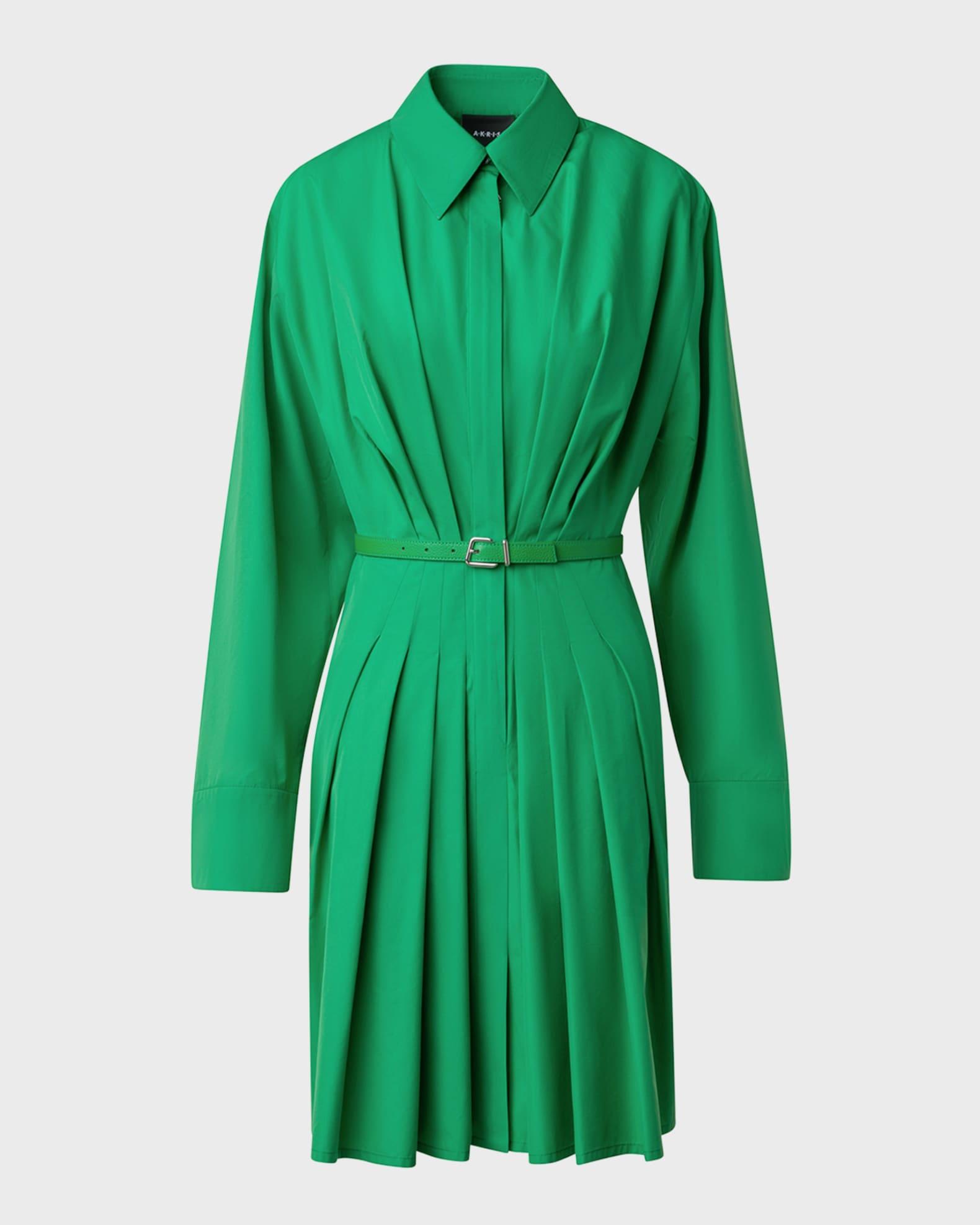 Long-Sleeve Pleated Cotton Poplin Shirtdress With Belt Product Image