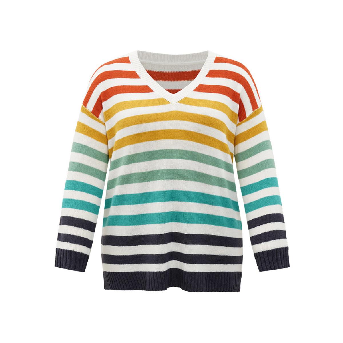 Plus Size Rainbow Print V Neck Elastic Cuffs Pullover Multicolor Women Casual Loose Long Sleeve V-neck Dailywear Pullovers BloomChic 12/L Product Image