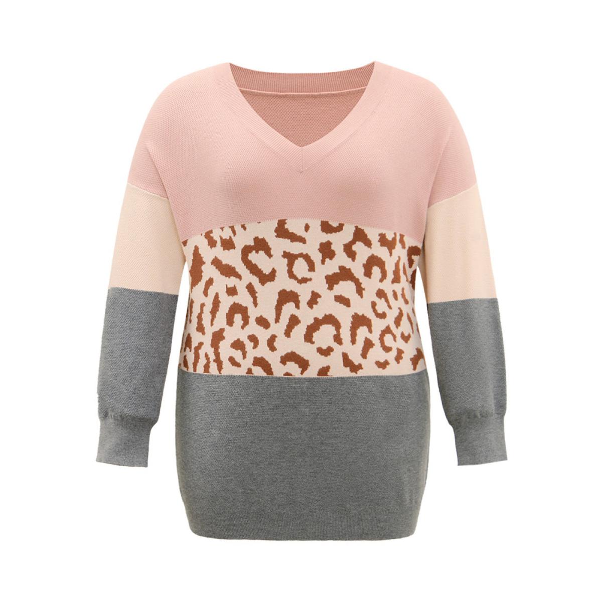 Plus Size Leopard Contrast Patchwork Batwing Sleeve Pullover Multicolor Women Casual Loose Long Sleeve V-neck Dailywear Pullovers BloomChic 18-20/2X Product Image