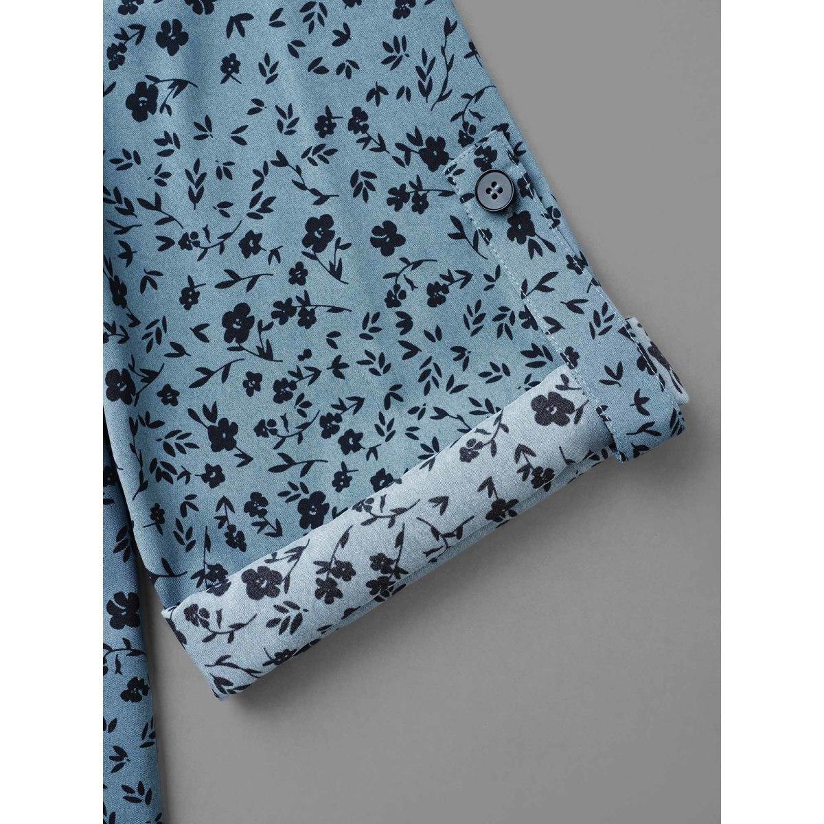 Plus Size Stone Ditsy Floral Button Cuff Sleeve Pleated Blouse Women Elegant Long Sleeve Flat collar with V-notch Everyday Blouses BloomChic 10/M Product Image