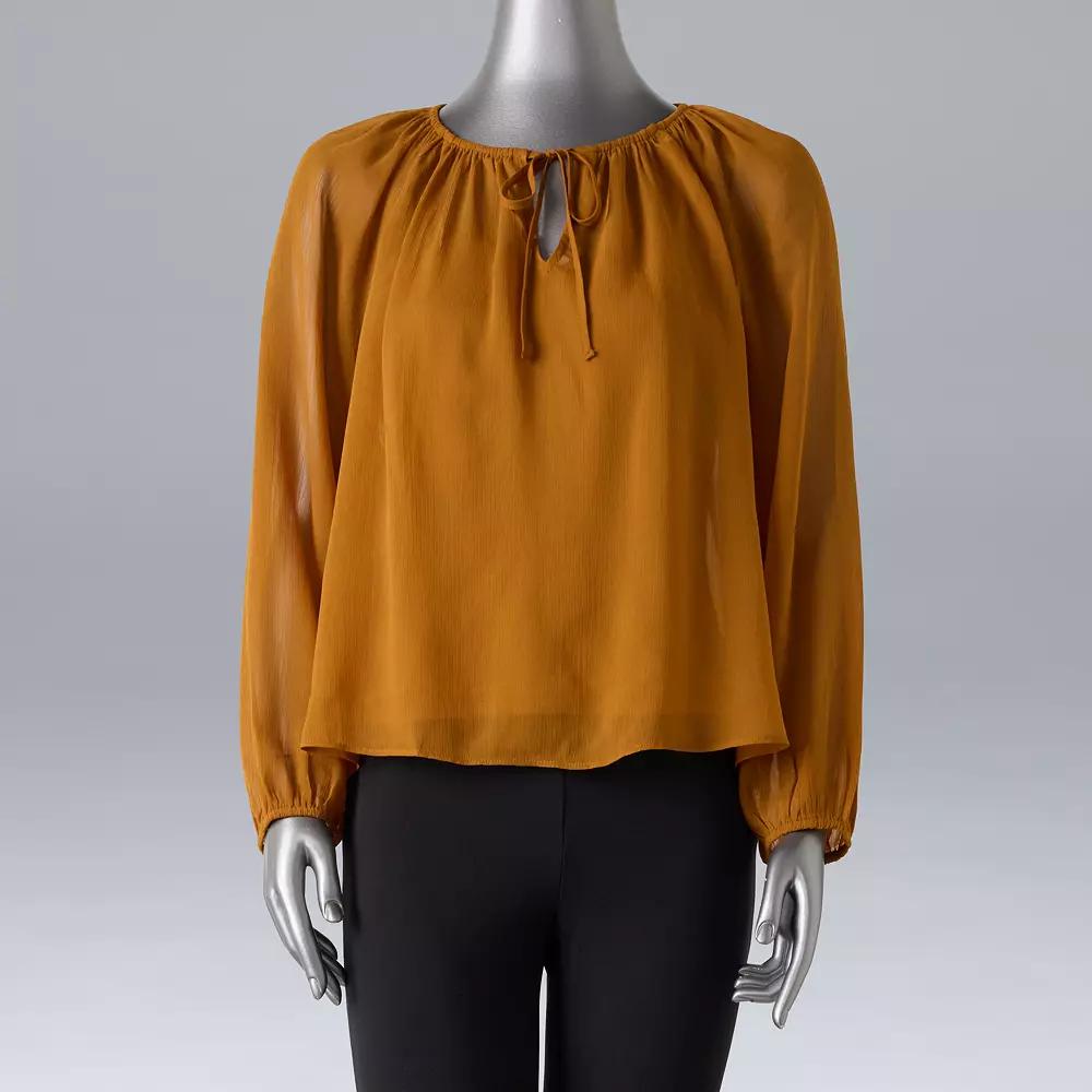 Petite Simply Vera Vera Wang Tie Neck Balloon Sleeve Shirred Blouse, Women's, Size: Medium Petite, Deep Red Product Image