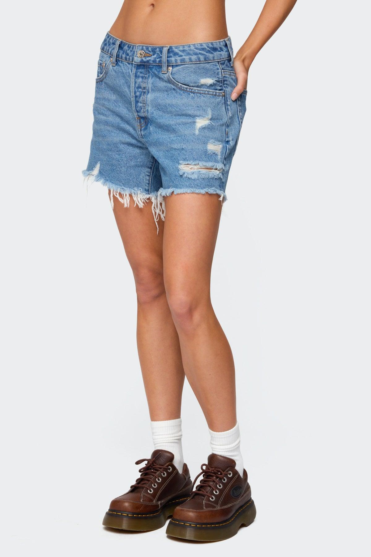 Cale Distressed Low Rise Denim Shorts Product Image