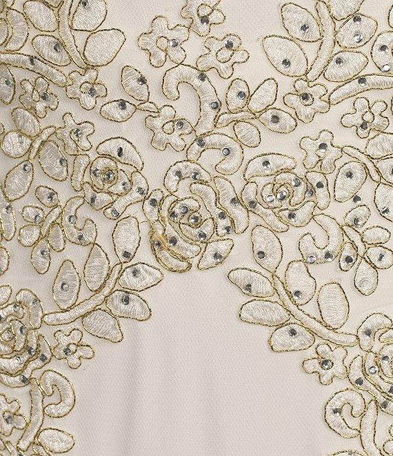 Blondie Nites Mesh Illusion Applique Scoop Neck Spaghetti Strap Tie Back Gown Product Image