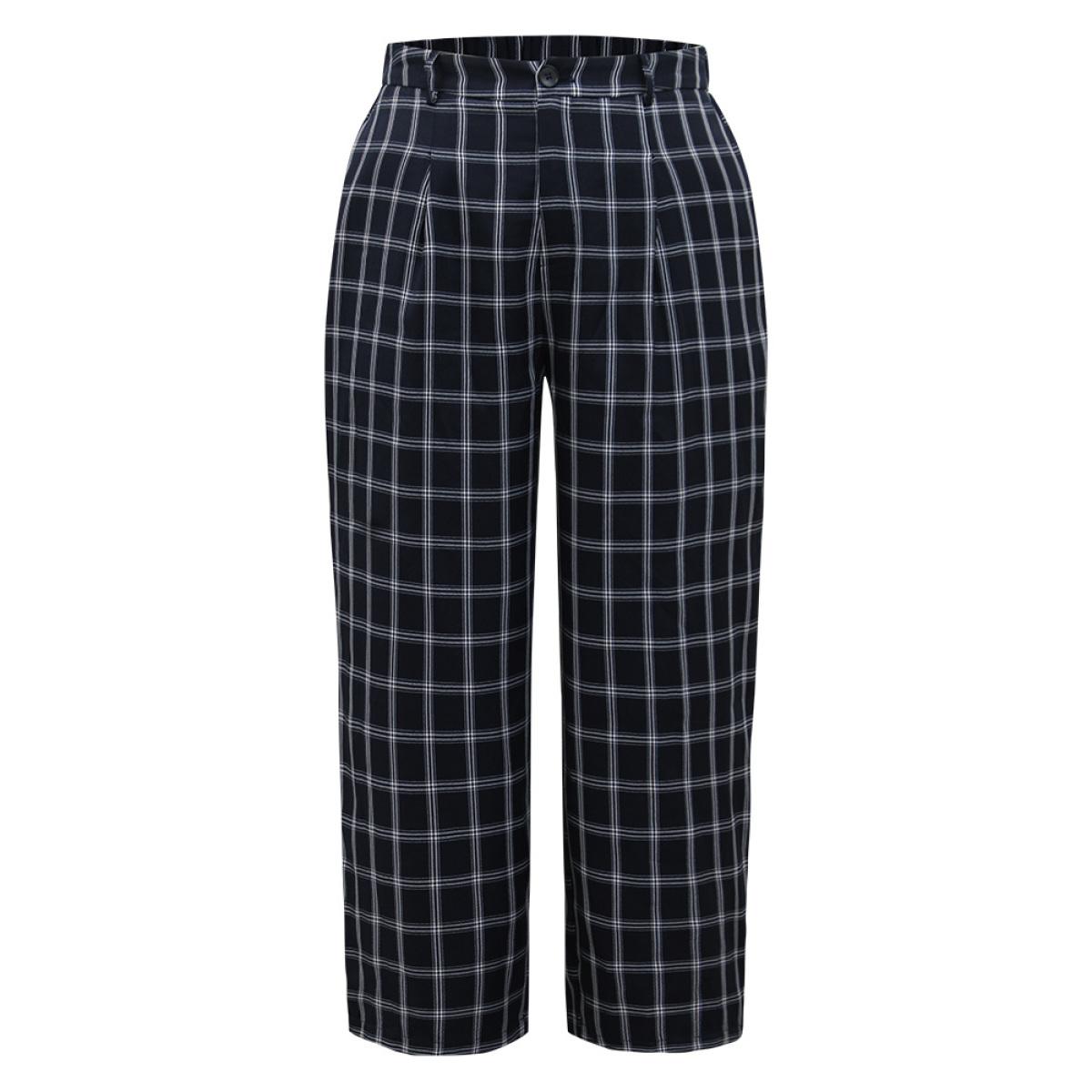 Plus Size Plaid Straight Leg Pocket Pants Women Indigo Office Straight Leg High Rise Work Pants BloomChic 18-20/2X Product Image