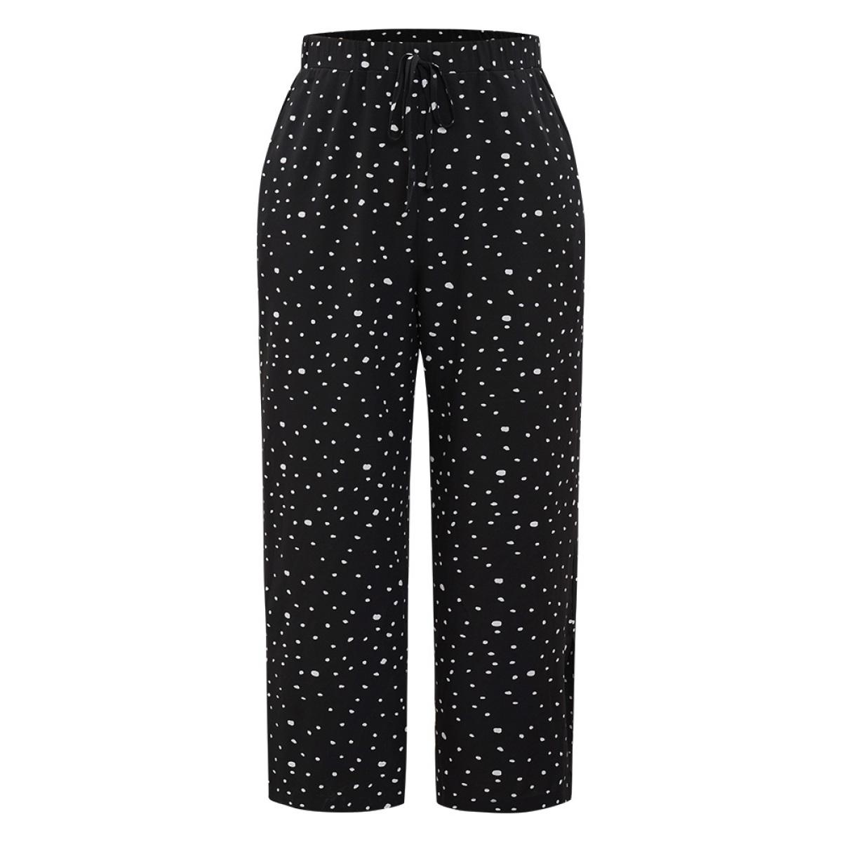 Plus Size Polka Dot Drawstring Pocket Split Hem Pants Women Black Elegant High Rise Dailywear Pants BloomChic 30/6X Product Image