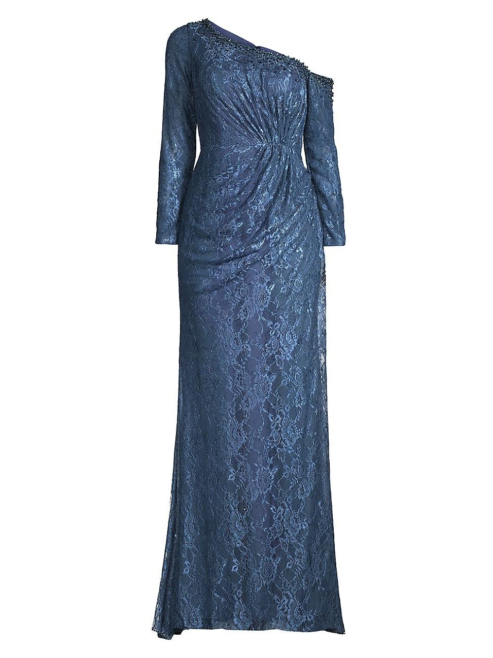 Womens Asymmetric Embellished Lace Sleeve Gown Size 0 Product Image