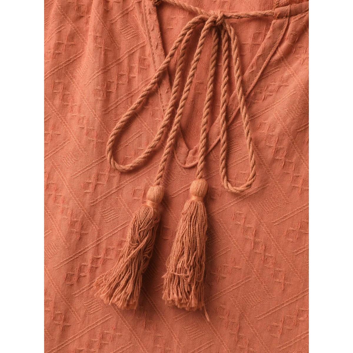 Plus Size Brightorange Pure Cotton Textured Tassel Blouse Women Boho Elbow-length sleeve V-neck Vacation Blouses BloomChic 12/L Product Image