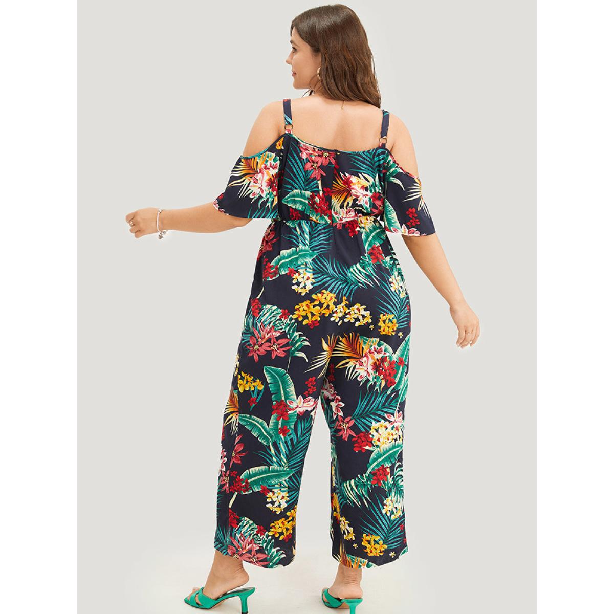 Plus Size Navy Tropical Print Pocket Cold Shoulder Jumpsuit Women Vacation Short sleeve Cold Shoulder Dailywear Loose Jumpsuits BloomChic 12/L Product Image