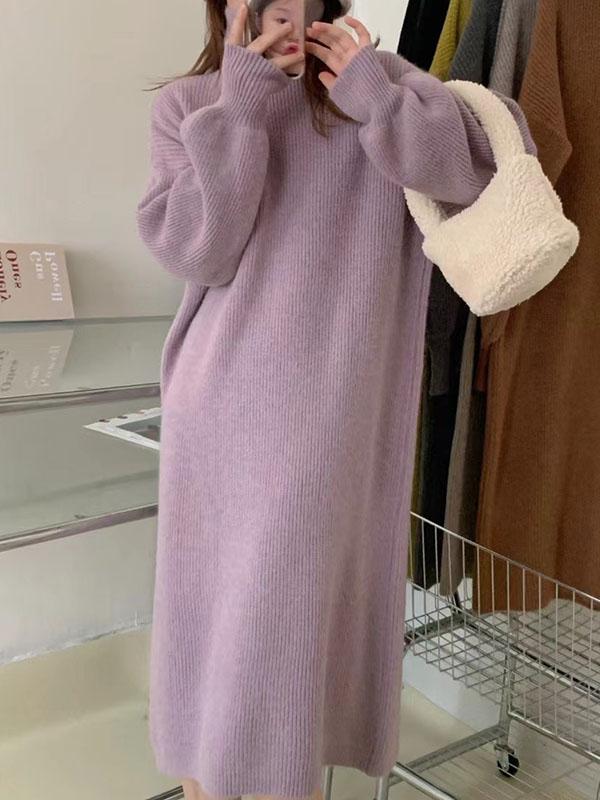 Long Sleeves Loose Solid Color High Neck Midi Dresses Sweater Dresses Product Image