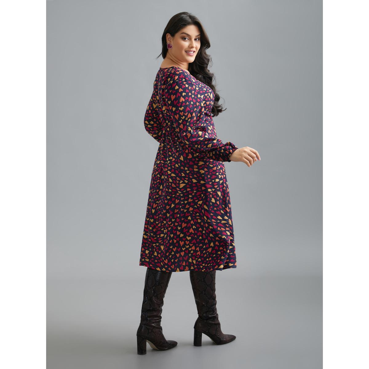 Plus Size Multi-Color Hearts Pattern Stretchy Waist Dress Indigo Women Elegant Gathered V-neck Long Sleeve Curvy BloomChic 18-20/2X Product Image