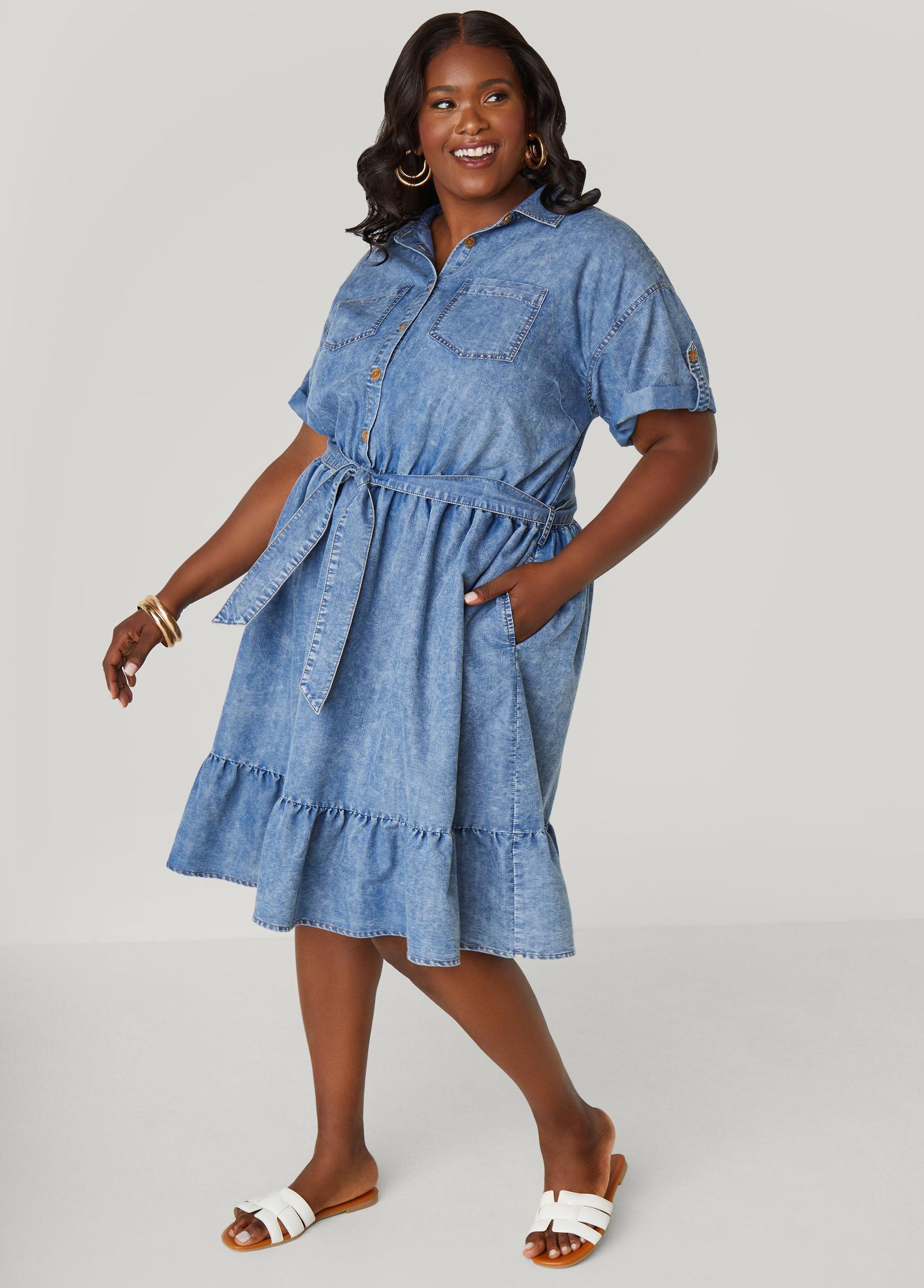 Flounced Stonewash Denim Dress Product Image