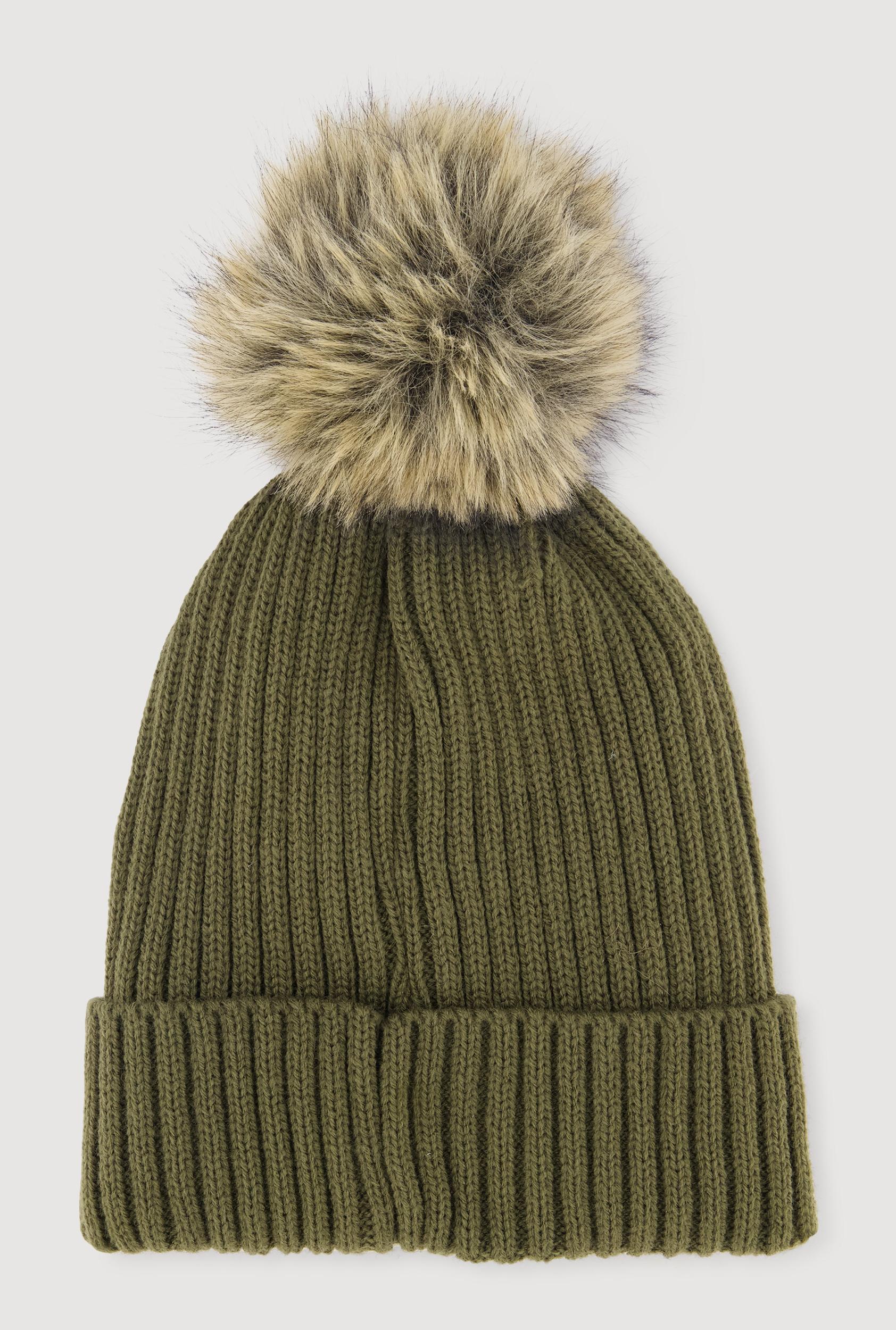 Trendy Faux Fur Pom Pom Detail Ribbed Knit Beanie Female Product Image