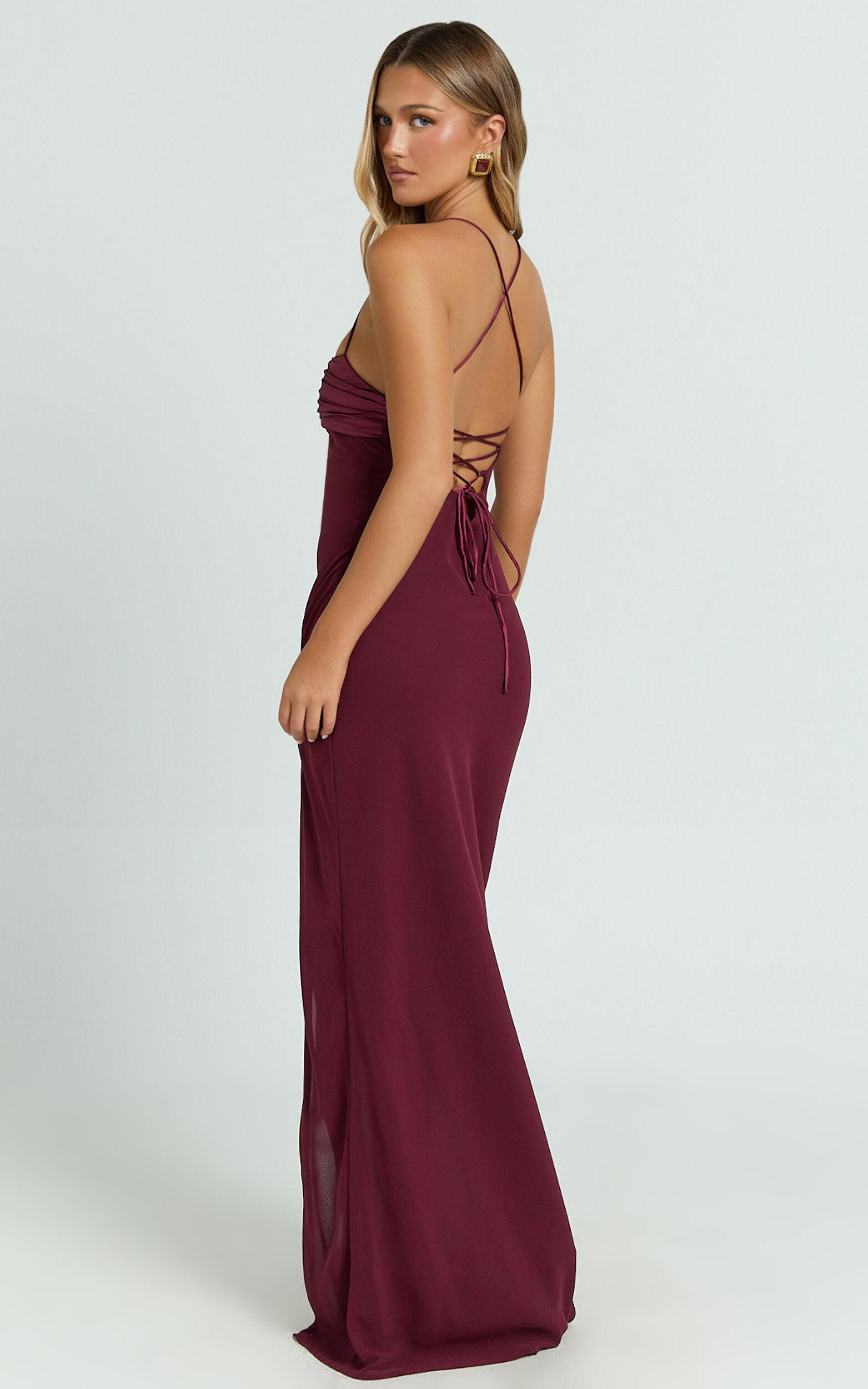 Sonya Maxi Dress - Cowl Neck Asymmetric Fit And Flare Dress in Wine Product Image