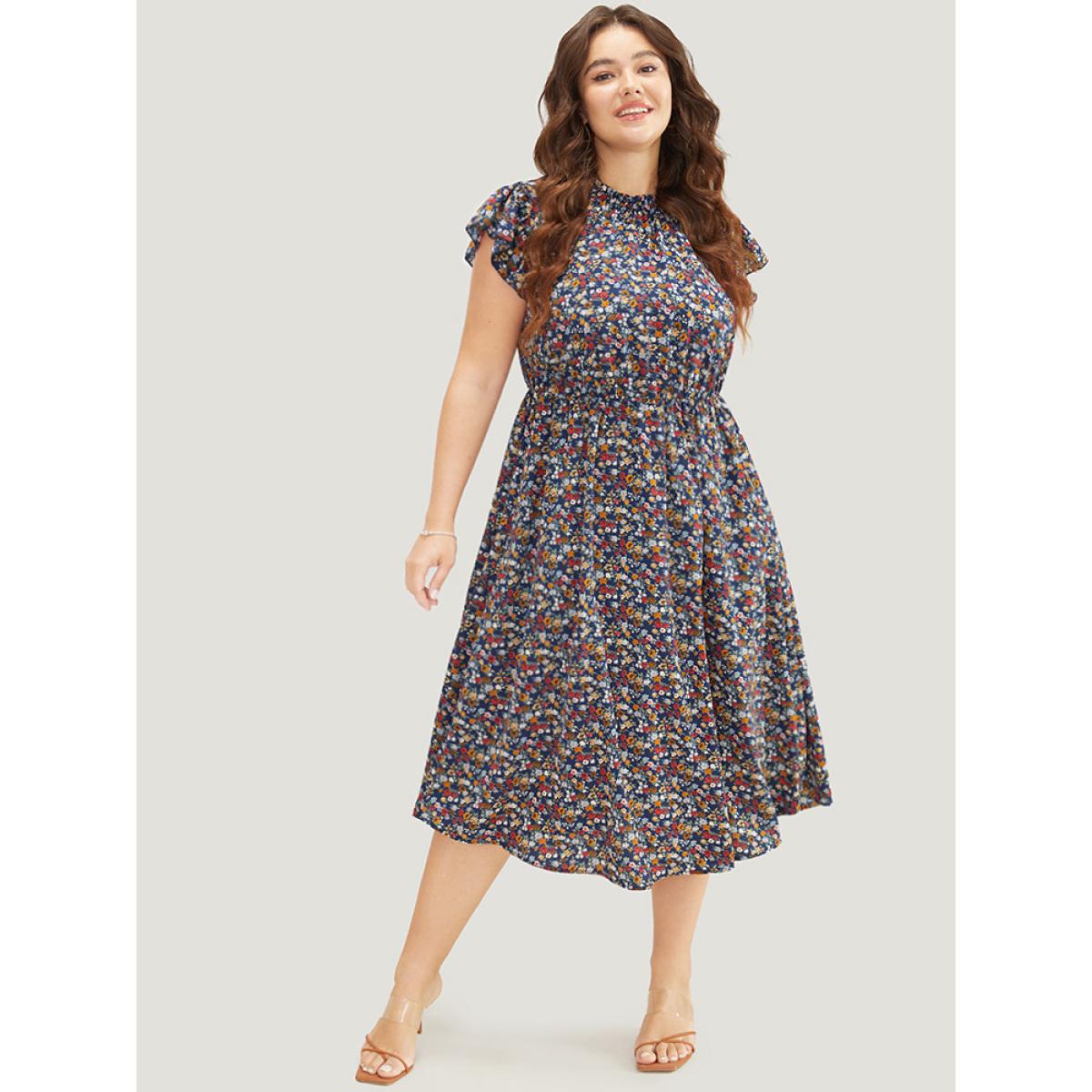 Plus Size Ditsy Floral Ruffle Sleeve Pocket Frill Trim Mock Neck Dress DarkBlue Women Elegant Pocket Mock Neck Half Sleeve Curvy Midi Dress BloomChic 12/L Product Image
