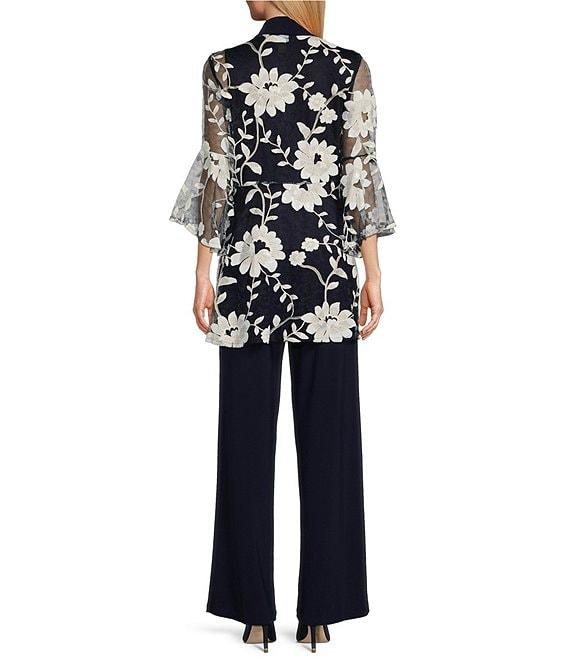 R & M Richards 3/4 Bell Sleeve Crew Neck Embroidered Sequin Lace 3-Piece Pant Set Product Image