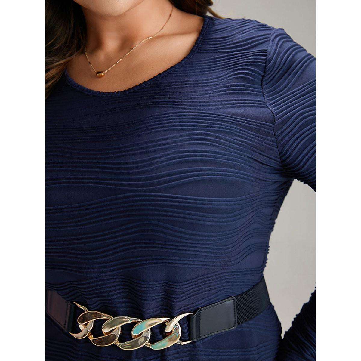 Plus Size Rib Knit Plain Belted Crew Neck Dress Indigo Women At the Office Texture Round Neck Long Sleeve Curvy Midi Dress BloomChic 10/M Product Image