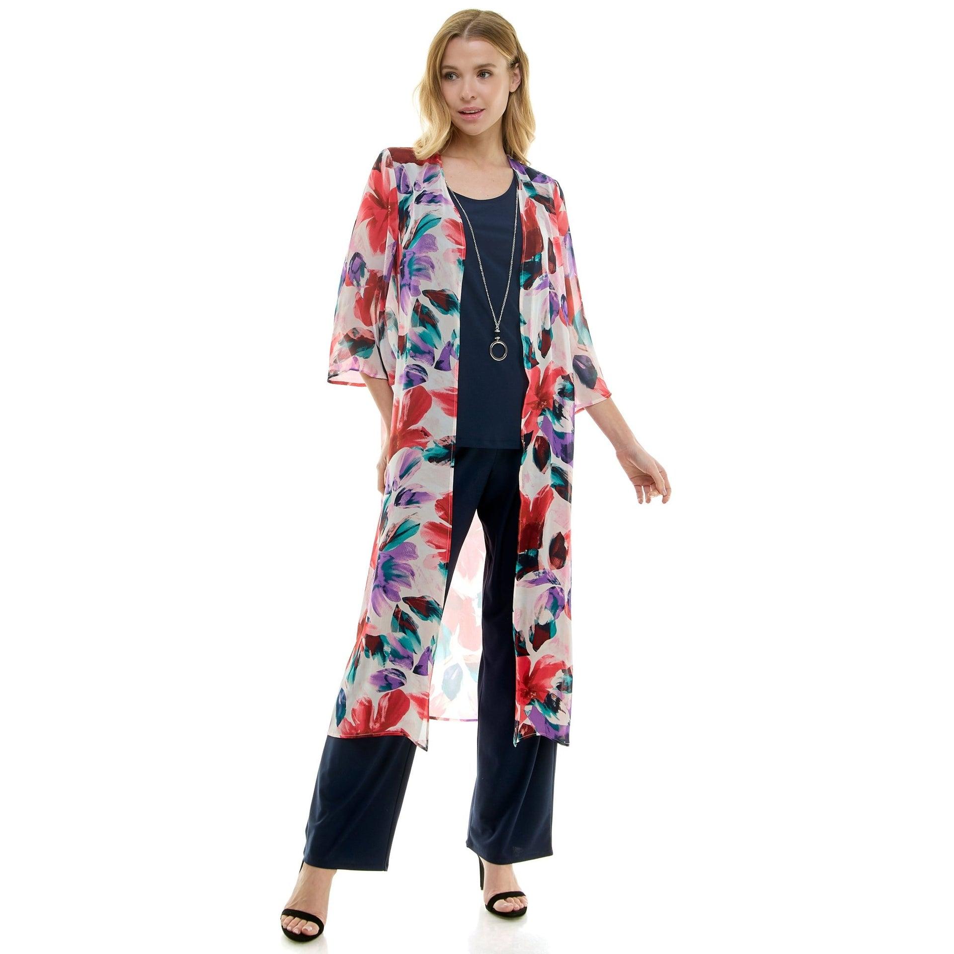 Sara Michelle Floral 3/4 2Fer Duster W/ Necklace And Elastic Pull On Pant Product Image