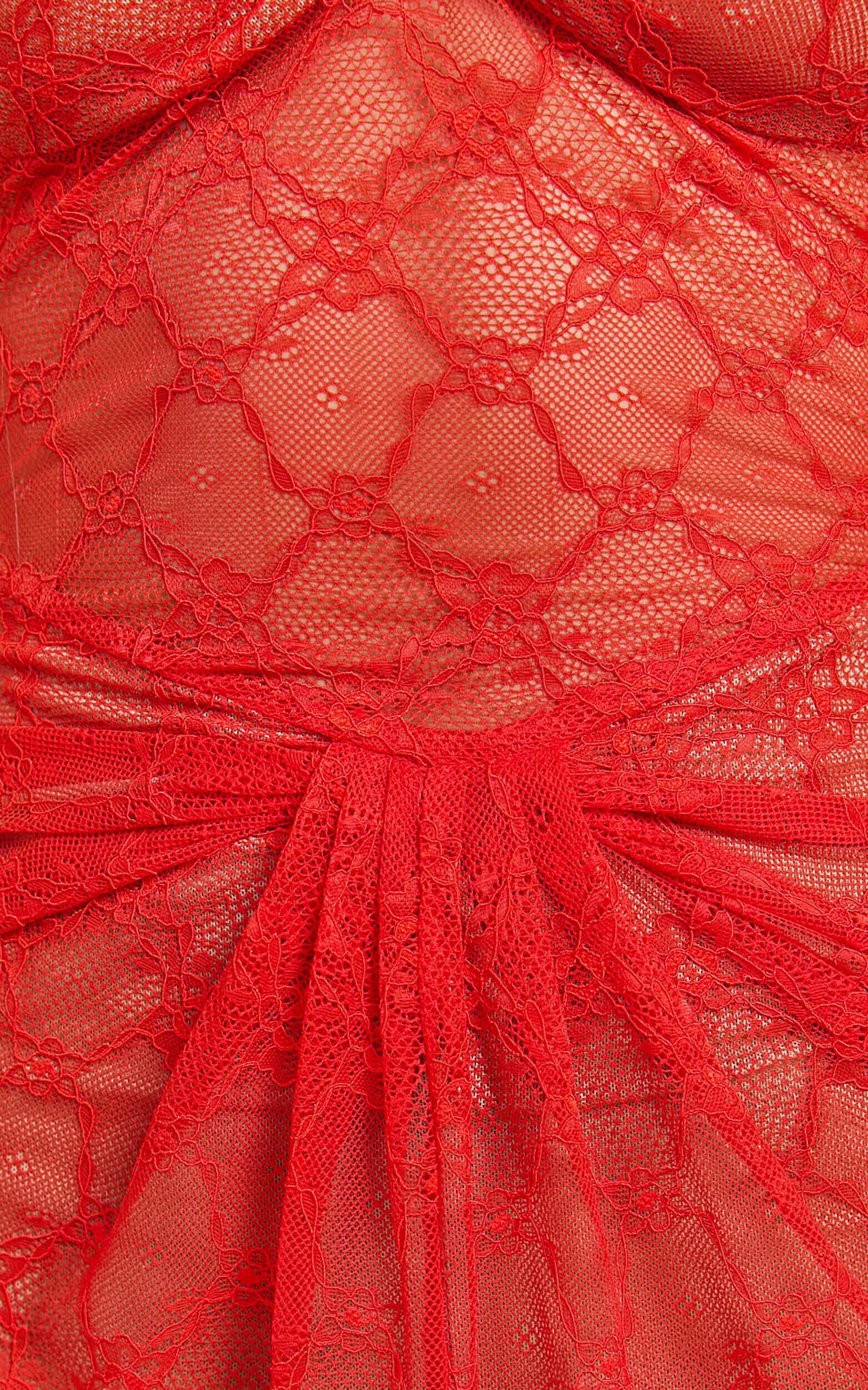 Yuna Midi Dress - Halter Twist Detail Drape Lace Dress in Red Orange Product Image