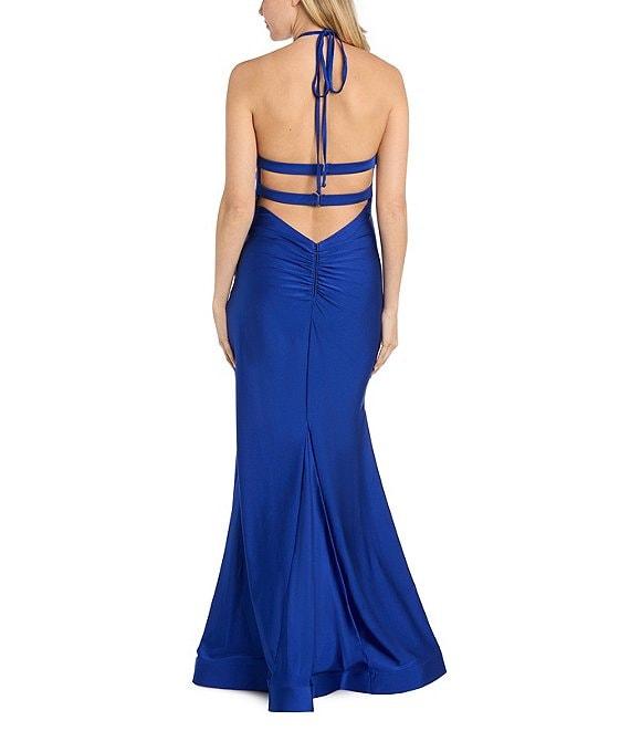 Morgan & Co. Satin Halter Neck Bar Back Front Slit Bodycon Dress Product Image