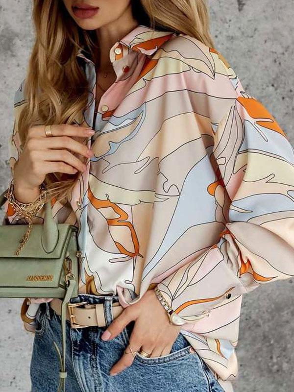 Long Sleeves Loose Contrast Color Printed Lapel Blouses Product Image