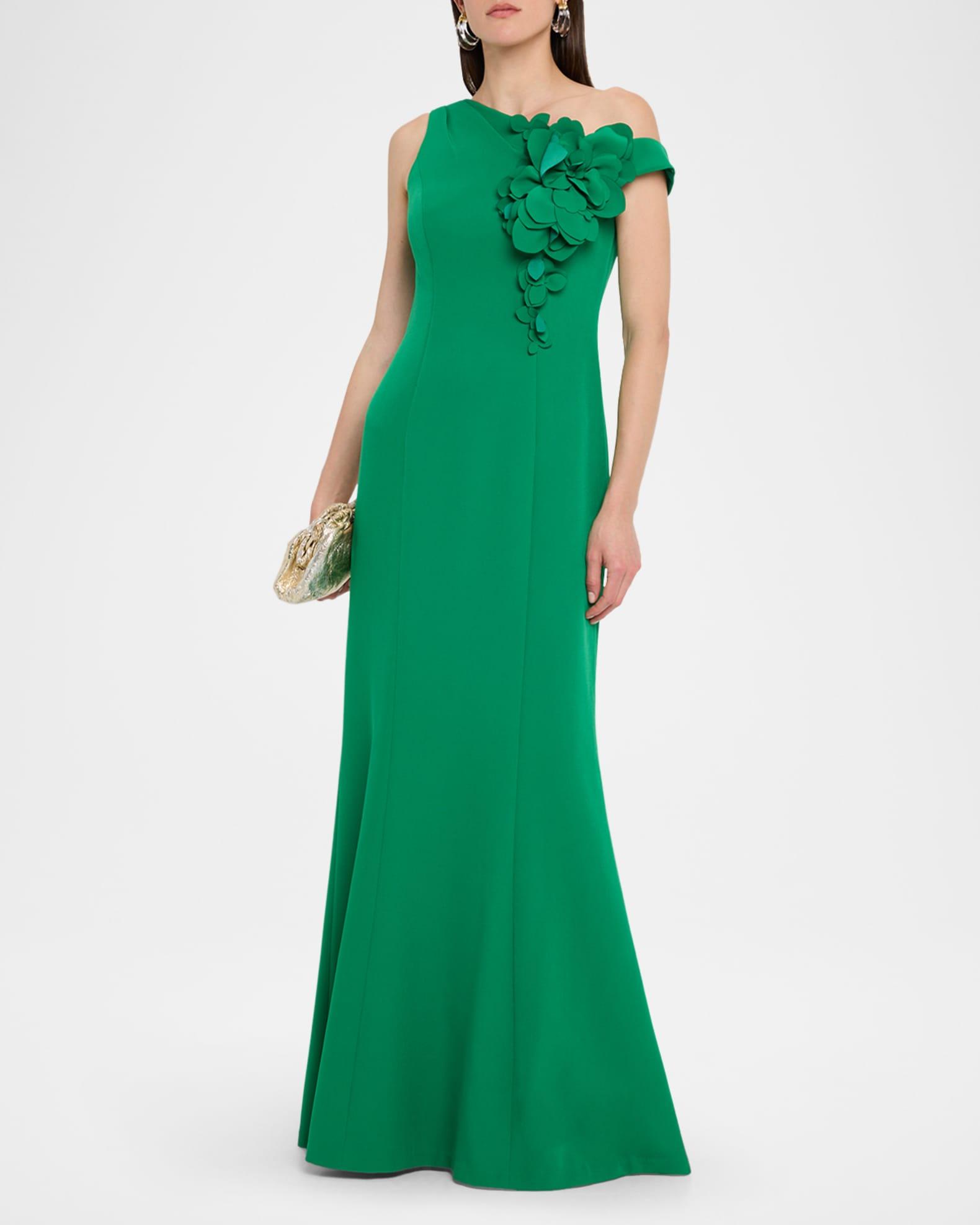 One-Shoulder Floral Applique Stretch Crepe Gown Product Image