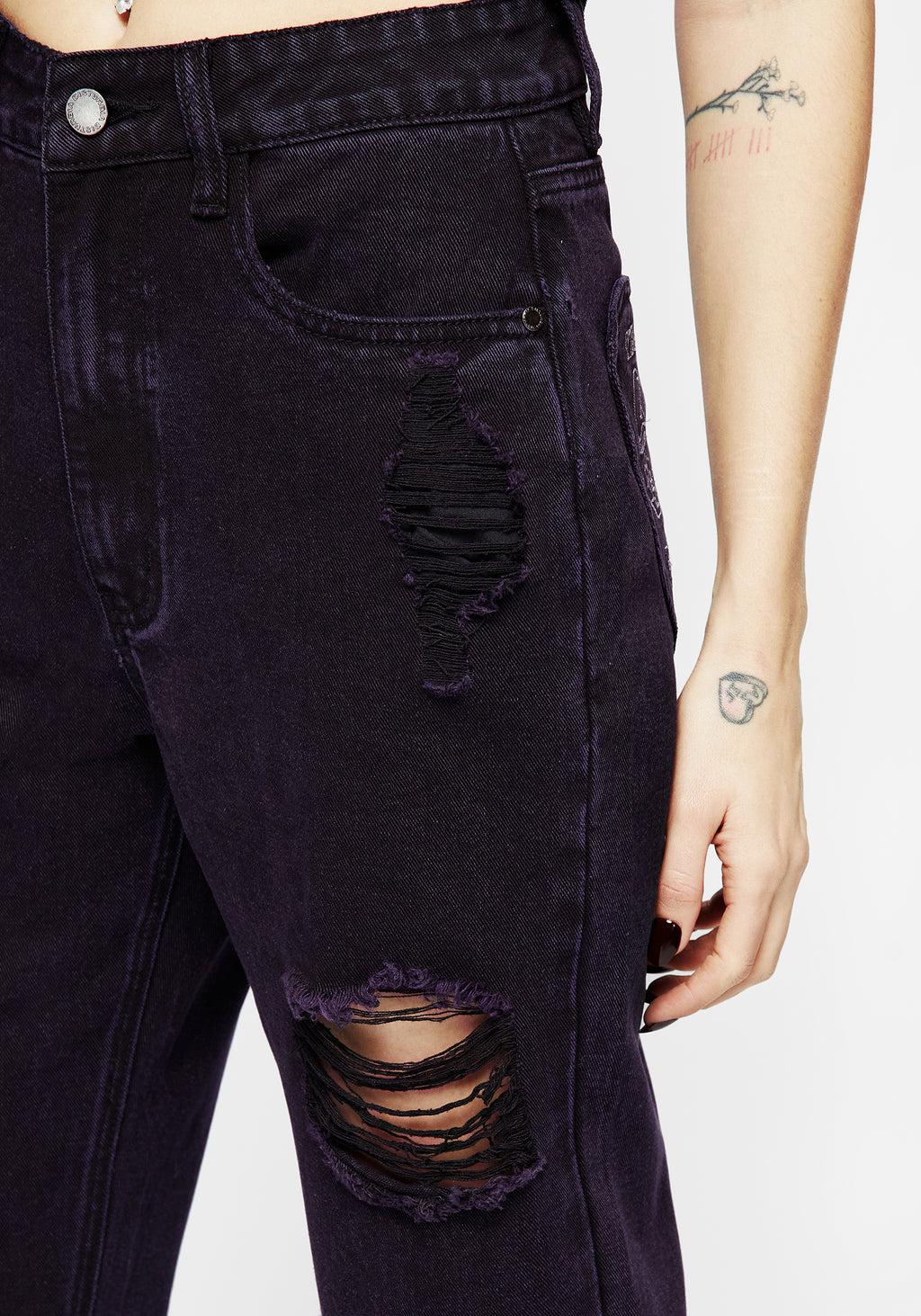 Planchette Embroidered Distressed Denim Mom Jeans Product Image