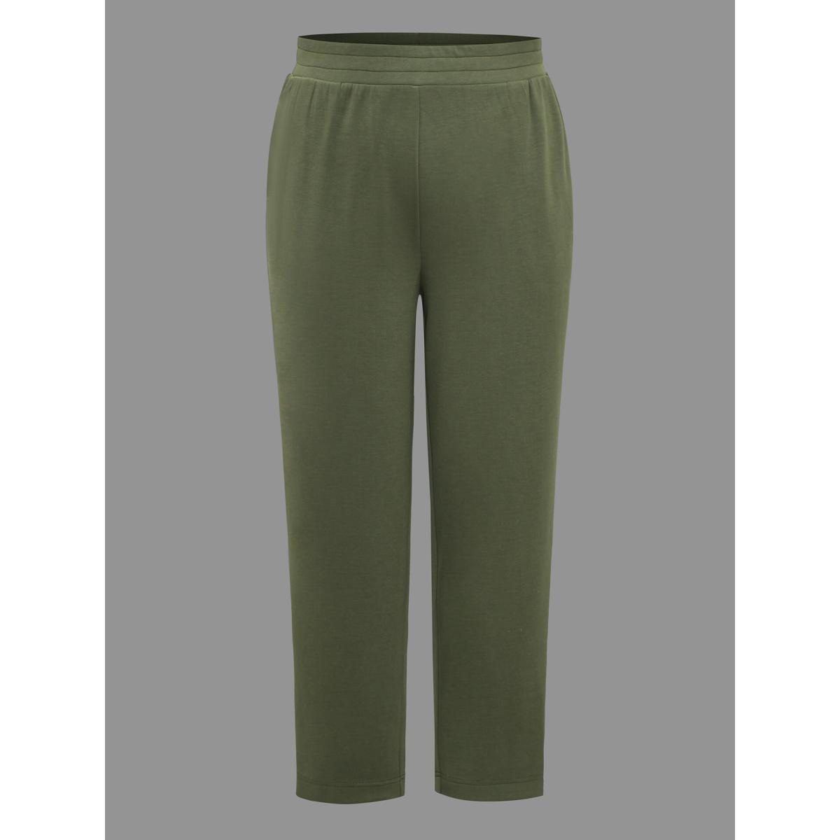 Plus Size Solid Elastic Waist Mid Rise Pants Women Sage Casual Mid Rise Everyday Pants BloomChic 14-16/1X Product Image