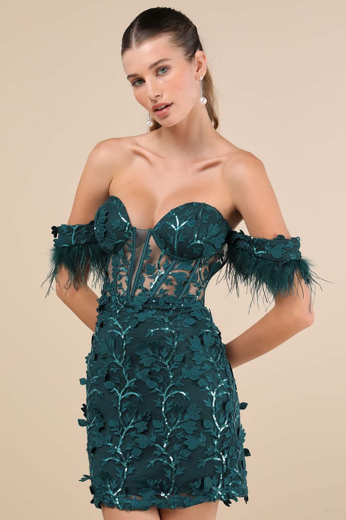 Midnight Sparkle Emerald Embroidered Feather Bustier Mini Dress Product Image