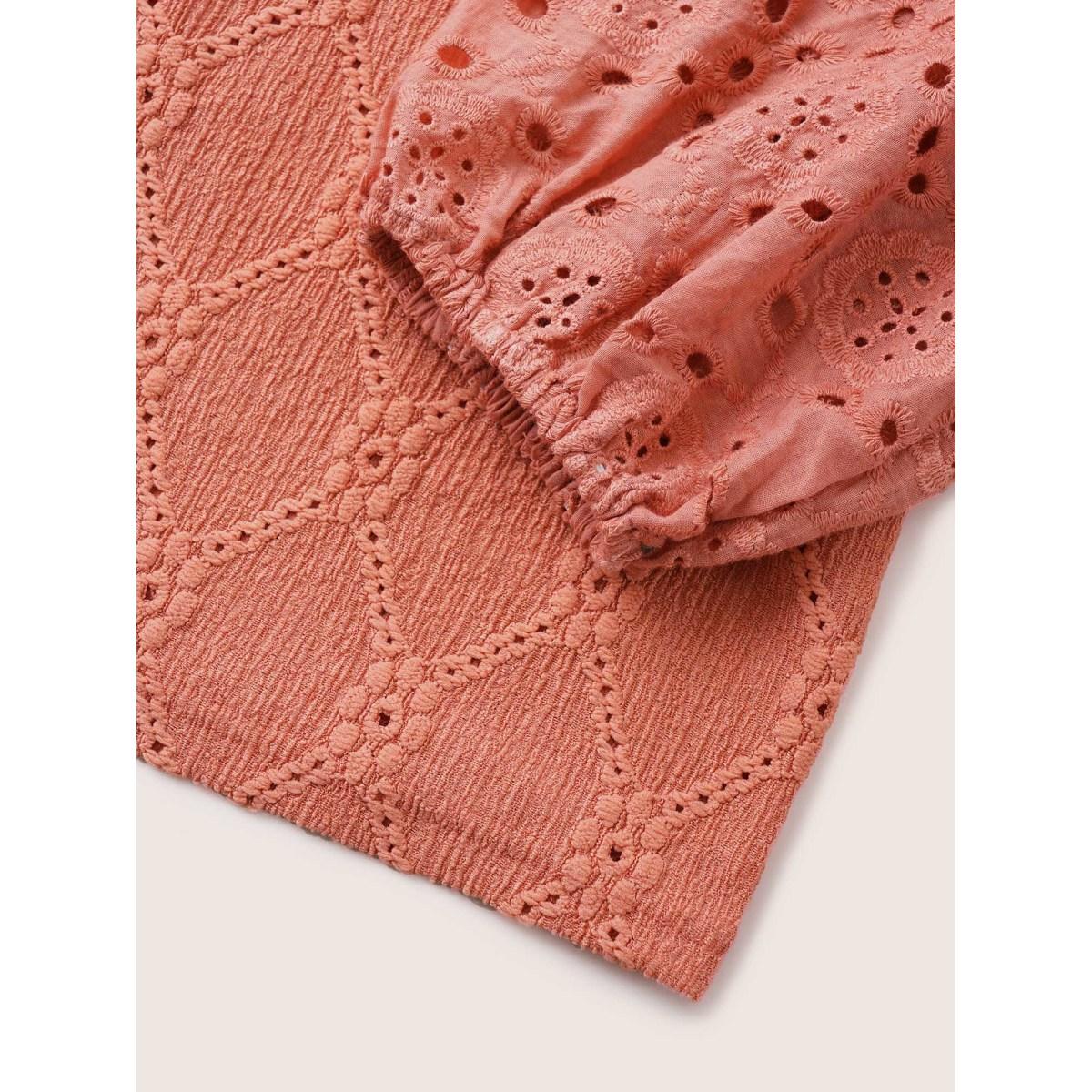 Plus Size Plain Texture Broderie Anglaise Patchwork T-shirt Salmon Women Resort Texture Plain V-neck Vacation T-shirts BloomChic 26/4X Product Image