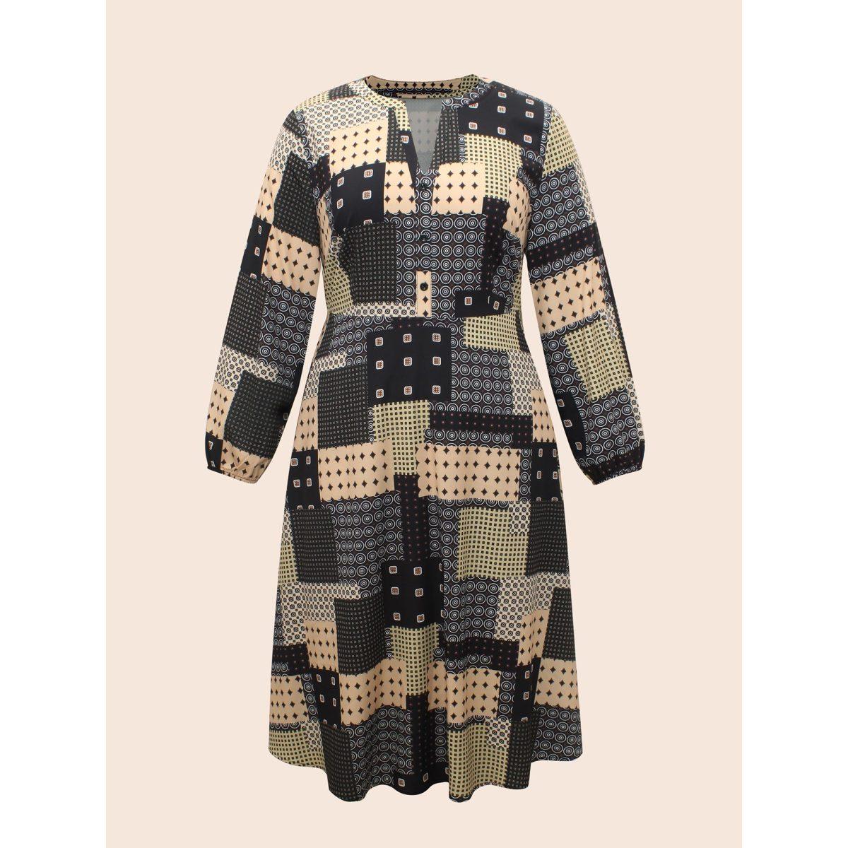 Plus Size Colorblock Contrast Notched Lantern Sleeve Dress Multicolor Women At the Office Button Flat collar with V-notch Long Sleeve Curvy BloomChic 22-24/3X Product Image