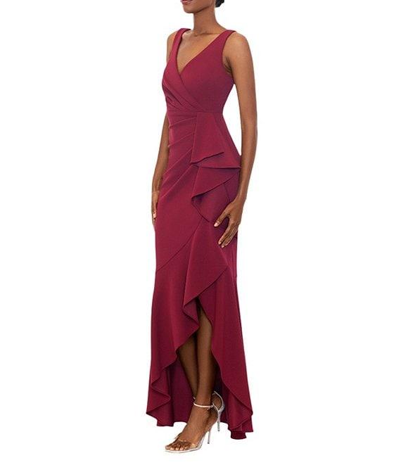 Betsy & Adam Sleeveless V-Neck Spiral Ruffle Cascade Gown Product Image