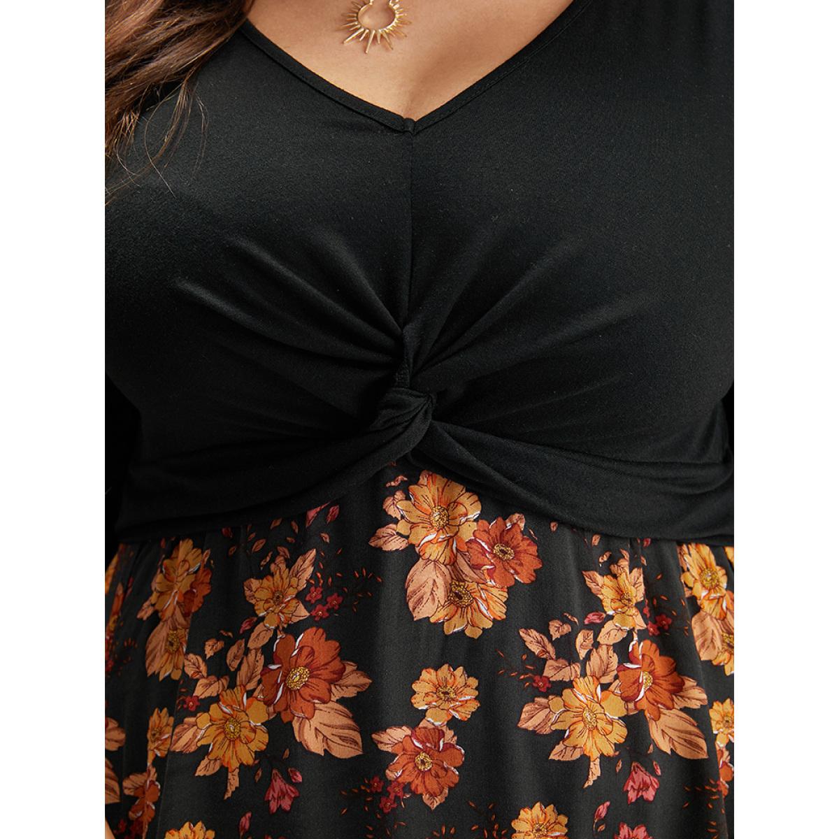 Plus Size Supersoft Essentials Floral Patchwork Twist Front Dress Black Women Elegant Elastic cuffs V-neck Long Sleeve Curvy Midi Dress BloomChic 28/5X Product Image