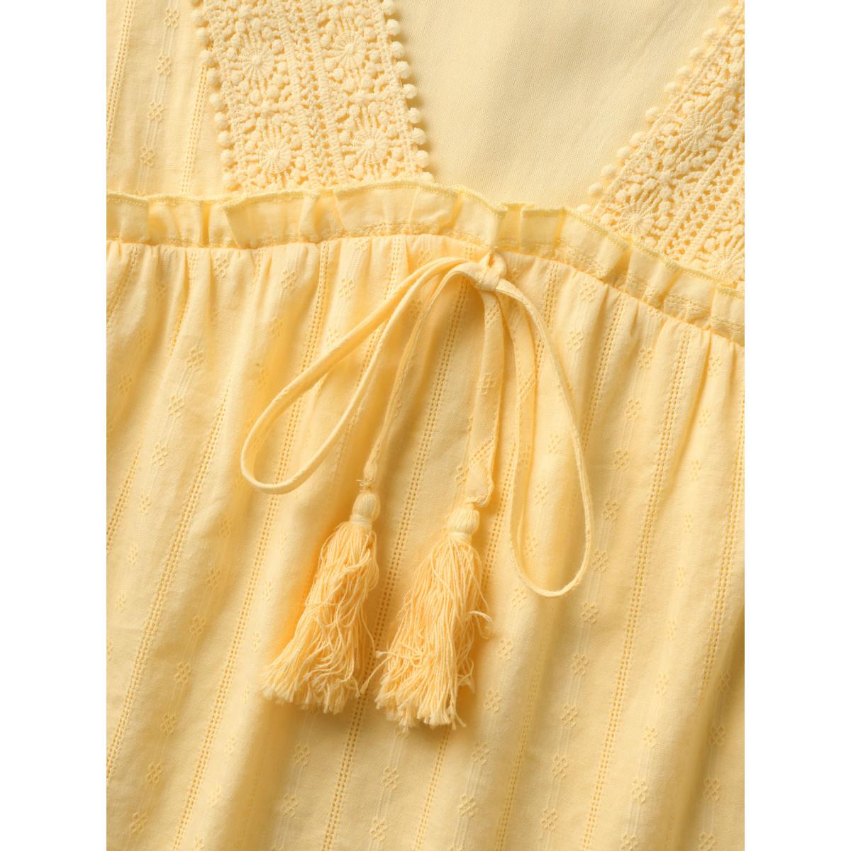 Plus Size Lightyellow Cotton Textured Lace Trim Neck-Tie Blouse Women Boho Short sleeve V-neck Vacation Blouses BloomChic 10/M Product Image