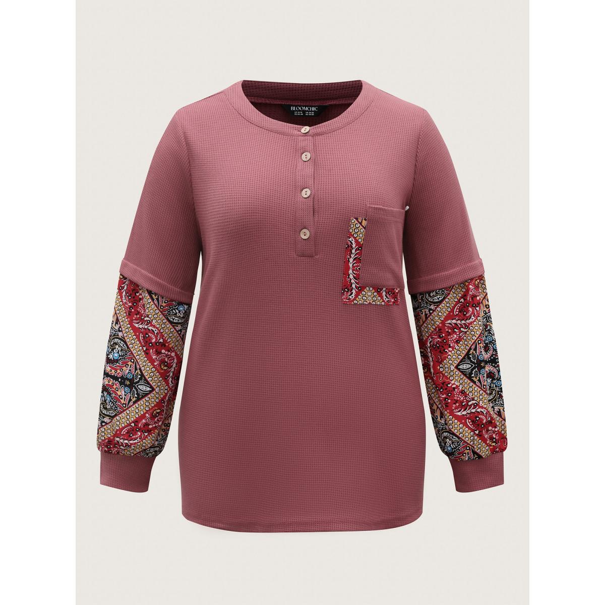 Plus Size Waffle Grid Contrast Paisley Solid Sleeve Sweatshirt Women DustyPink Texture Round Neck Casual Sweatshirts BloomChic 30/6X Product Image