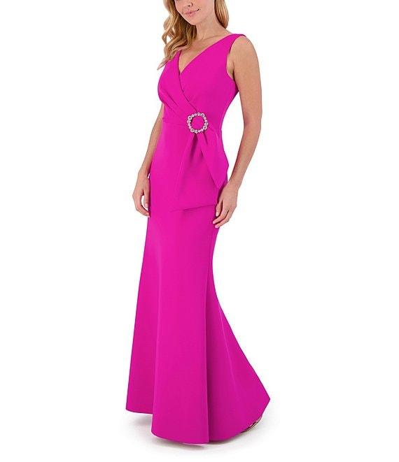 Eliza J Techno Scuba Surplice V-Neck Sleeveless Waist Buckle Pleated Mermaid Gown Product Image