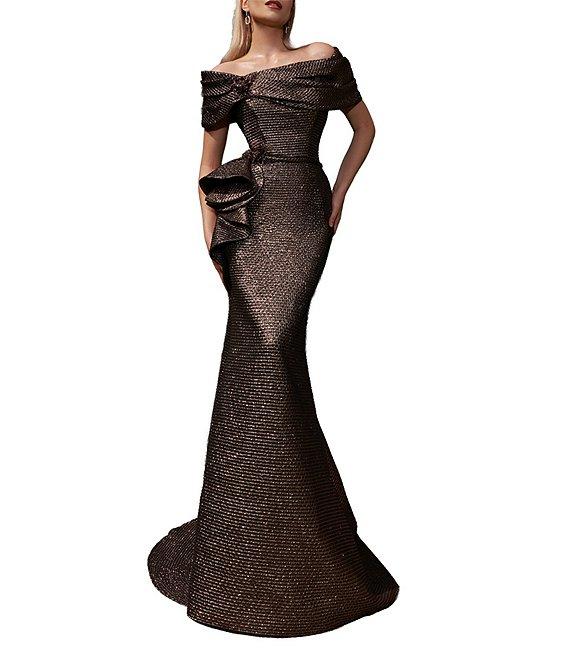 Terani Couture Off-The-Shoulder Ruffle Front Metallic Jacquard Mermaid Gown Product Image