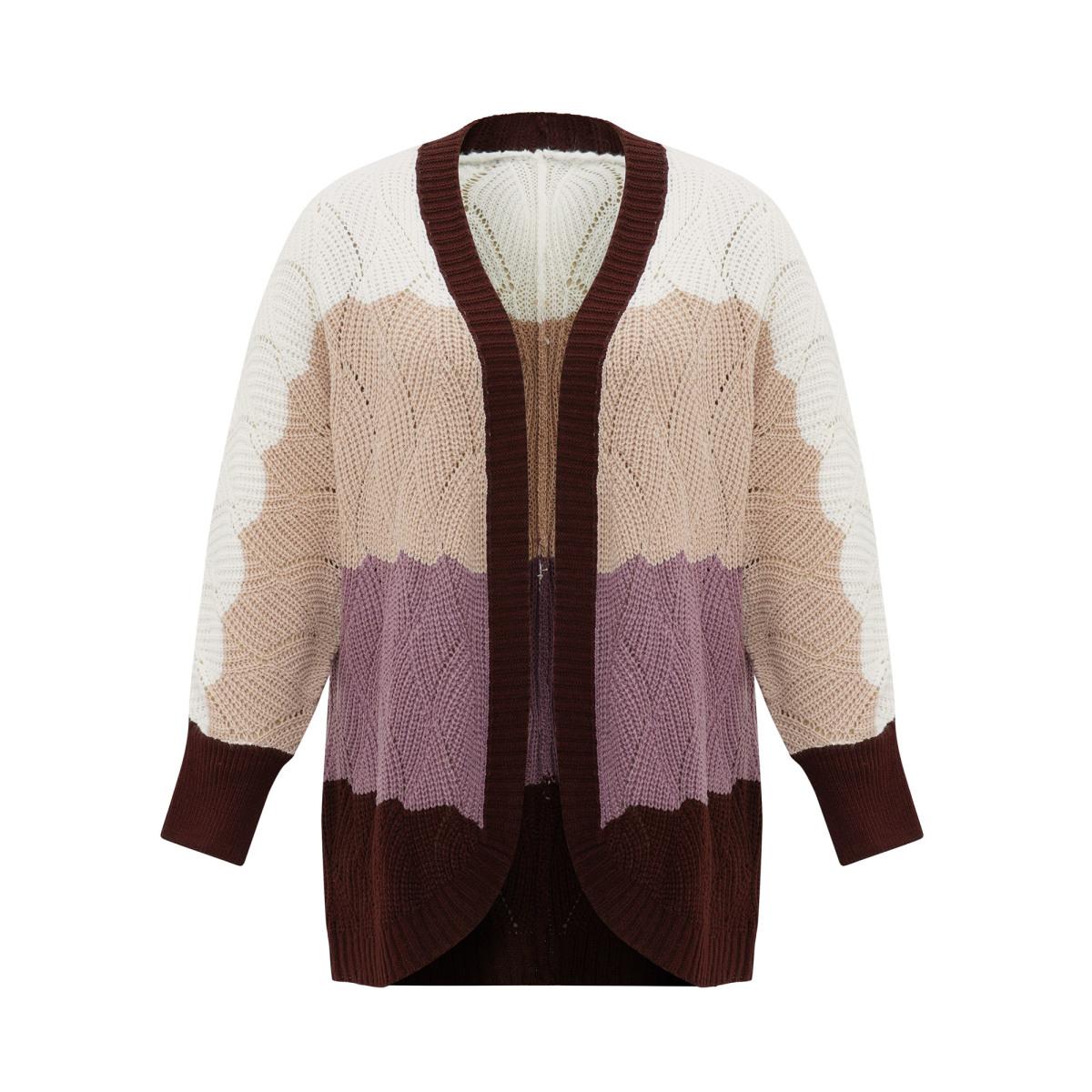 Plus Size Colorblock Contrast Texture Dolman Sleeve Cardigan Burgundy Women Casual Long Sleeve Everyday Cardigans BloomChic 14-16/1X Product Image