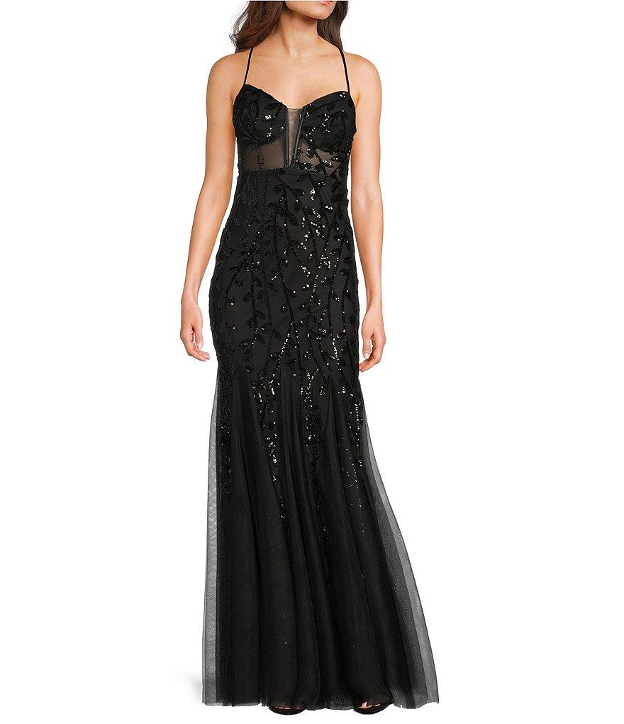 B. Darlin Pattern Sequin Illusion Waist Lace-Up Back Long Dress Product Image