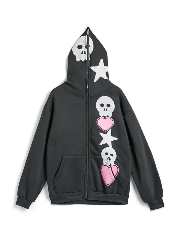 Men's Street Skull Star Heart Print Full Zip Oversized Hoodie Product Image