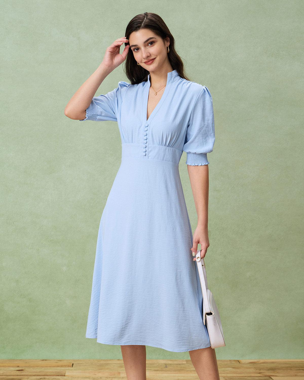 Blue Puffed Sleeve Pleated Midi Dress Product Image