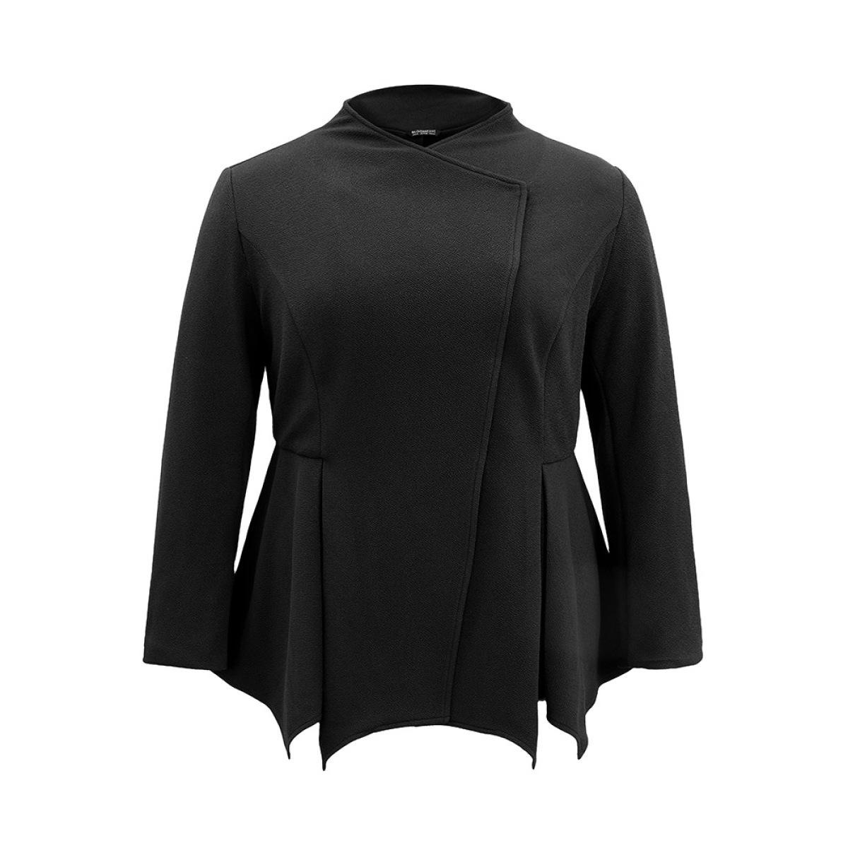 Plus Size Plain Asymmetrical Neck Button Up Blazer Black Women Office Plain Lined Sleeve Long Sleeve Asymmetrical Neck 10/M Work From Home Blazers BloomChic Product Image