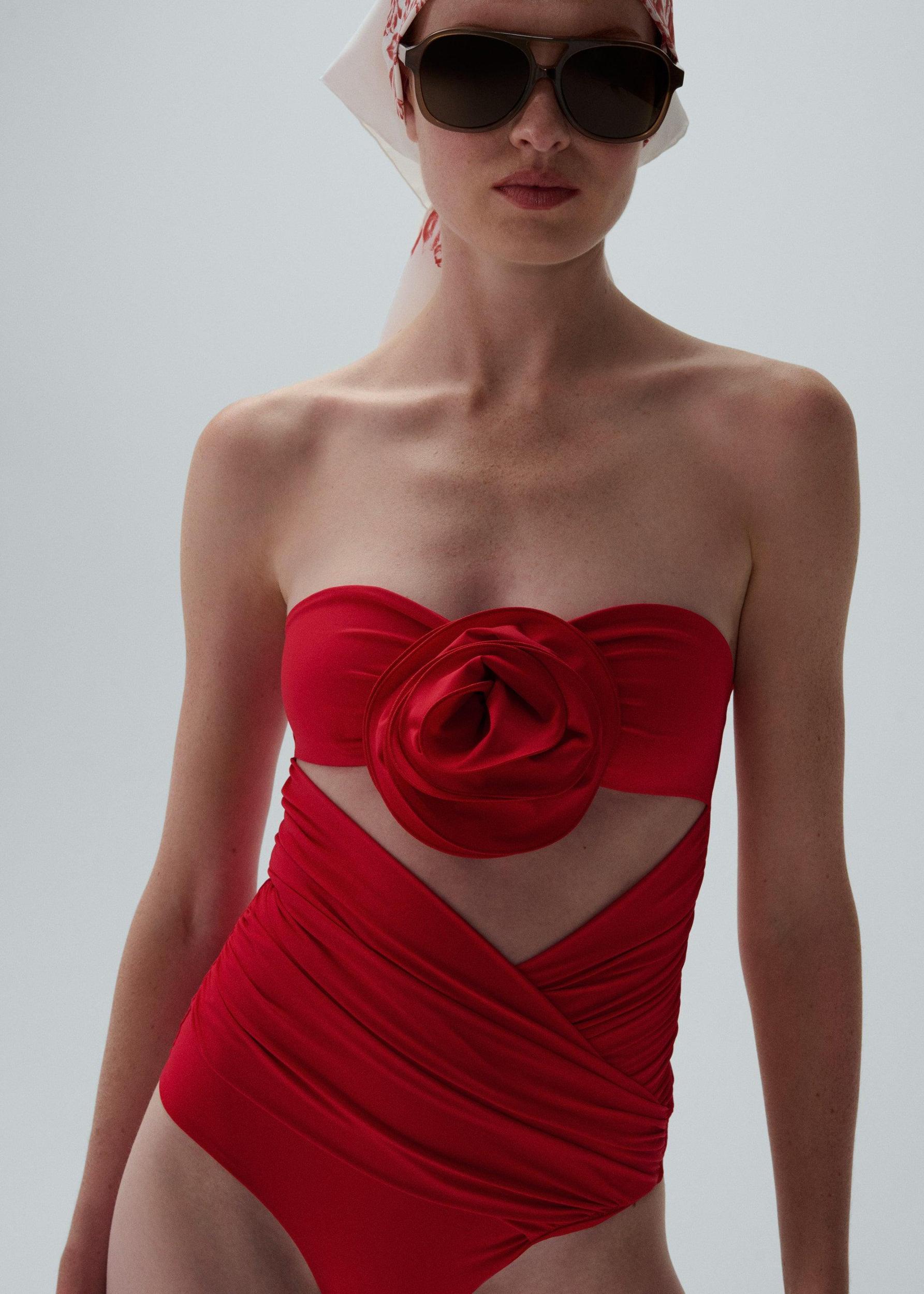 Flower appliqué strapless cutout swimsuit in red Product Image