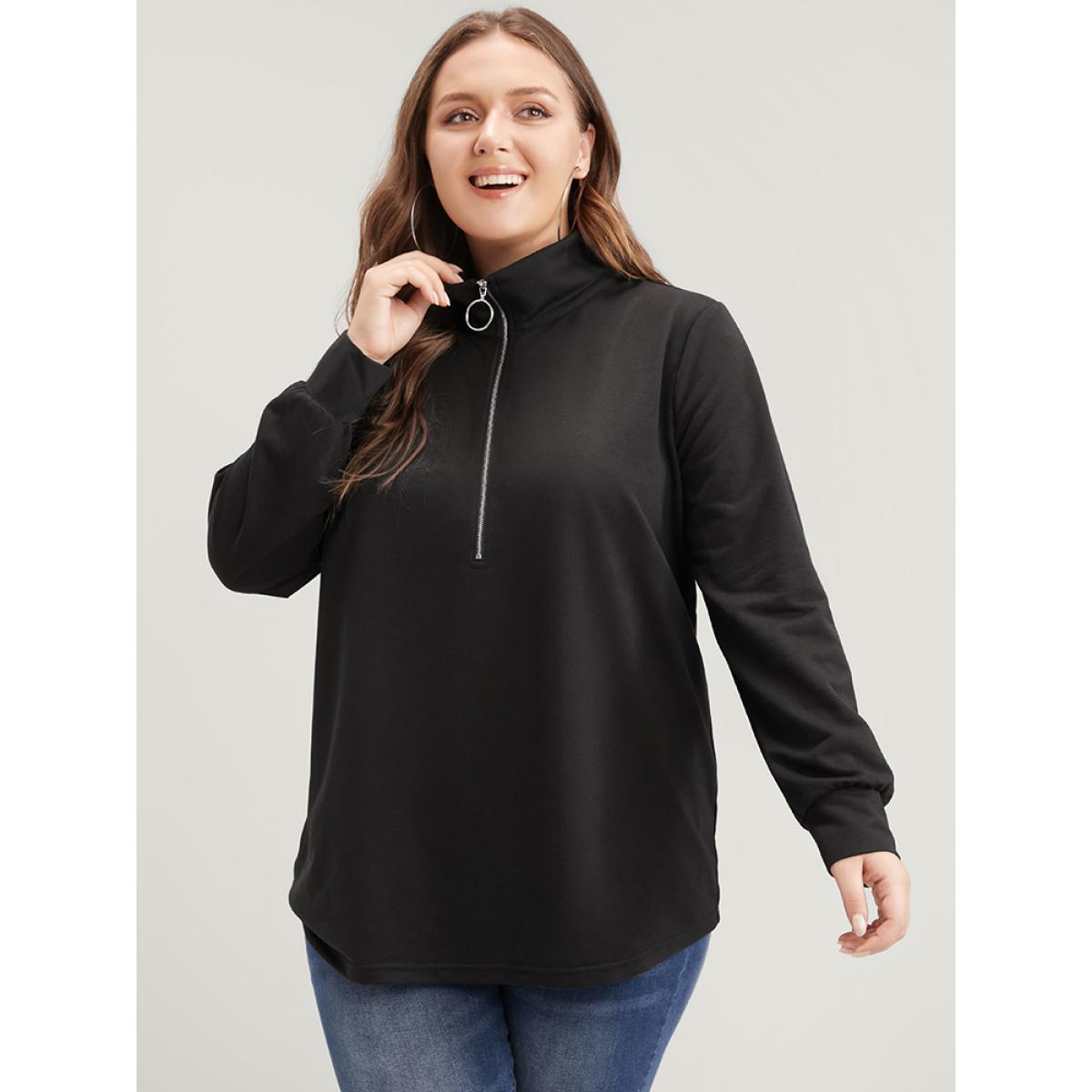 Plus Size Solid O Ring Zipper Drop Shoulder Sweatshirt Women Black Casual Zipper Turtleneck Dailywear Sweatshirts BloomChic 12/L Product Image