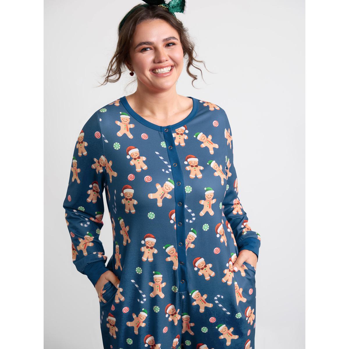Plus Size Navy Gingerbread Print Button Placket Jumpsuit Women Leisure Extra Long Sleeve Round Neck Casual Loose Jumpsuits BloomChic 30/6X Product Image
