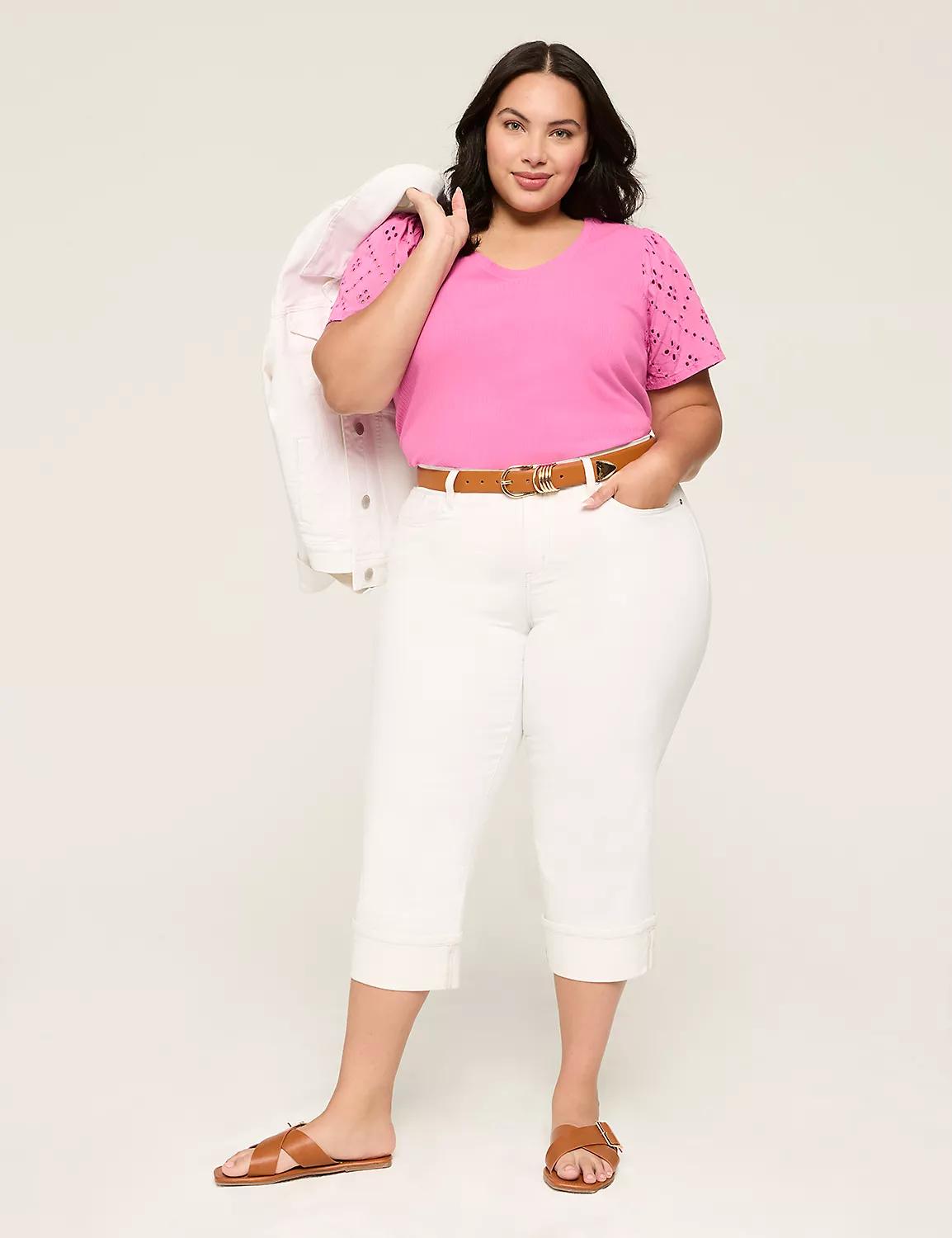 Eyelet-Sleeve Scoop Neck Rib Top Product Image