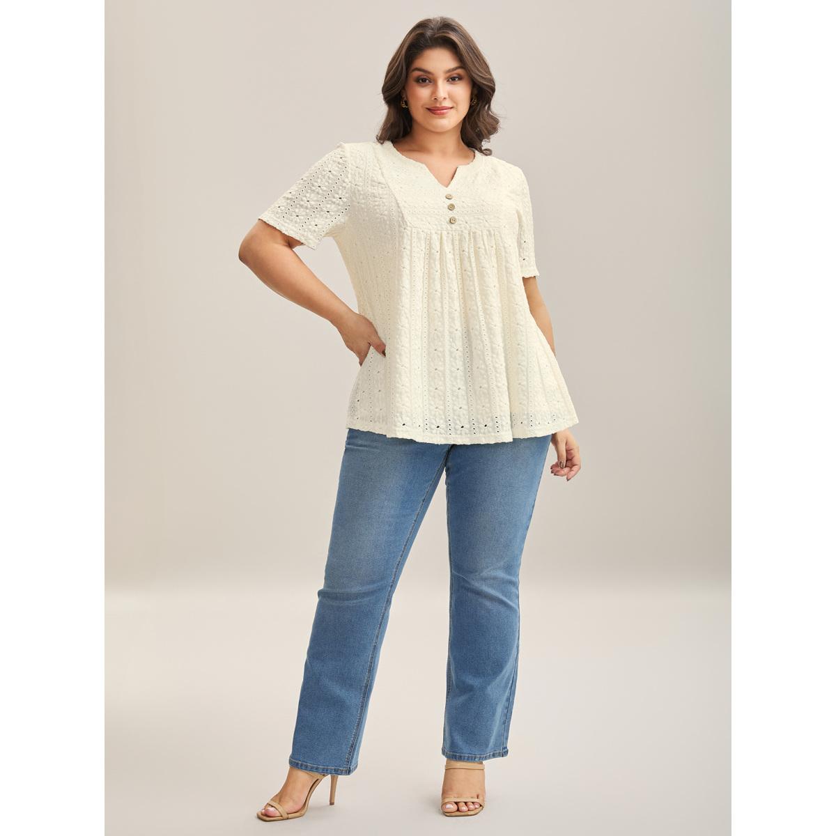 Plus Size Textured Pleated Split Neck T-Shirt WhiteSmoke Women Romantic Texture Flat collar with V-notch Elegant T-shirts BloomChic 30/6X Product Image